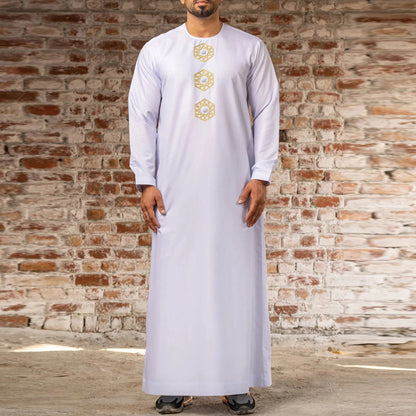 Men's Muslim Long Sleeve Embroidered Dress Casual Ethnic Arab Thobe for Stylish Comfort | 03