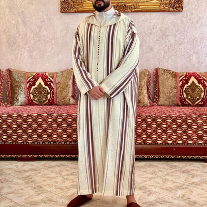 Men's Long Casual Shirt Plain Beige Muslim Robe for Elegant Comfort | 1236520