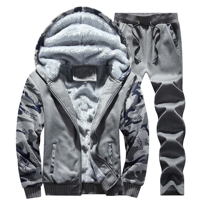Men's Camouflage Tracksuit Zip Coat Winter Thick Fleece Hooded Jacket+Pants Sweat Suit