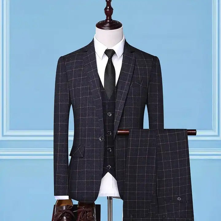 Men's Single Breasted Slim Fit 3 Pieces Suit Business Party Wedding Plaid Formal Suits | 307