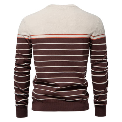 Men’s Striped Patchwork Knit Sweater – Crew Neck Casual Pullover for Autumn/Winter | SW117