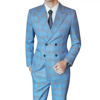Business Office Suit for Men Double Breasted 2 Pieces Plaid UK / EU Size Suits Blazer | 6035