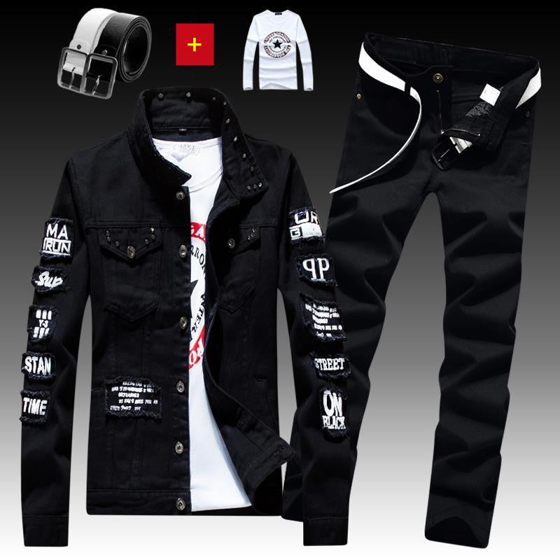 Men's Denim Jacket Jeans Pants Letters Printing Trousers 3 Pcs Set Casual Single Breasted |