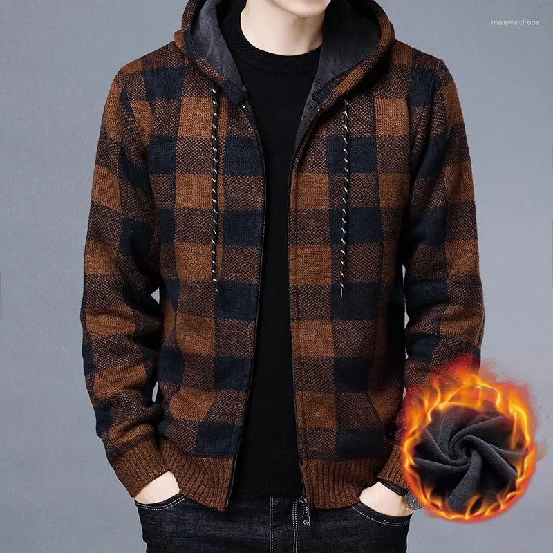 Men's Winter Casual Coat Hooded Knit Outwear Plaid Sweater Full Zipper Cardigan Jackets