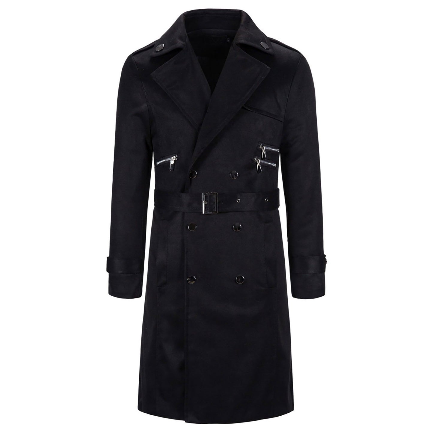 Men's Long Faux Suede Trench Coats Belted Lapel Jacket Work Double-Breasted Overcoats | 1115