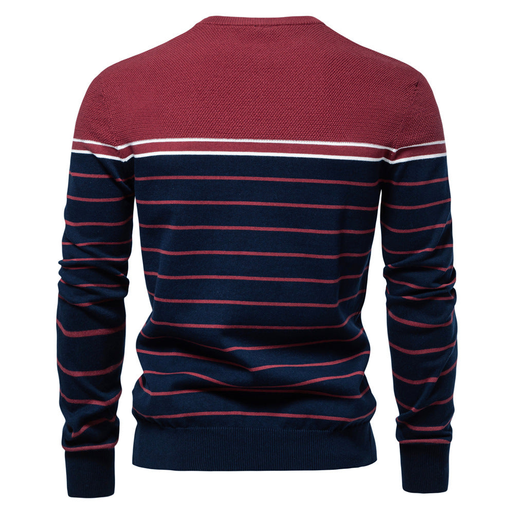 Men’s Striped Patchwork Knit Sweater – Crew Neck Casual Pullover for Autumn/Winter | SW117