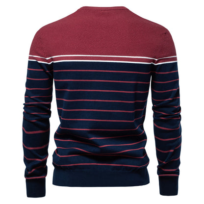 Men’s Striped Patchwork Knit Sweater – Crew Neck Casual Pullover for Autumn/Winter | SW117