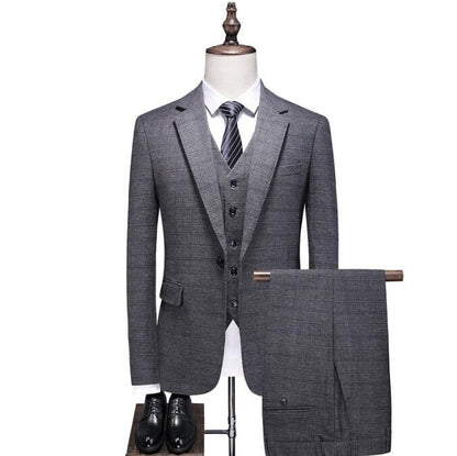 British Style Men’s 3 Piece Suit Business Casual Plaid Groom Wedding Dress Slim Suits | 6835