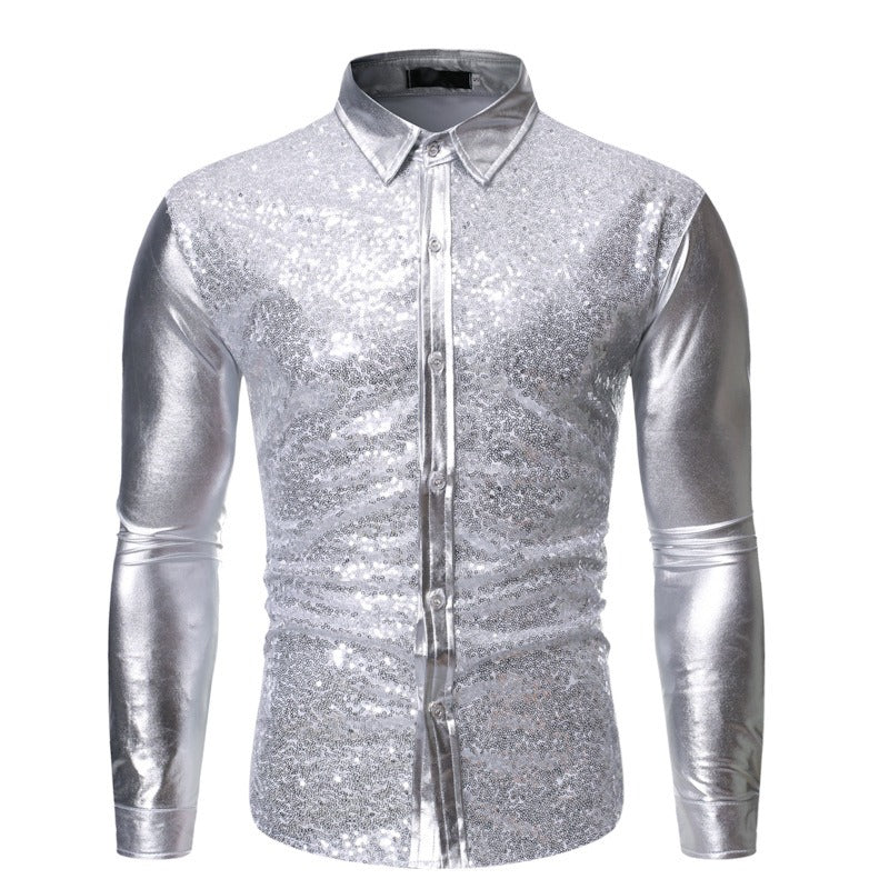 Men's Sequined Bronzing Patchwork Dance Shirt Slim Breathable Party Top | ZT-CS86