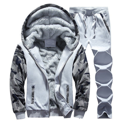 Men's Camouflage Tracksuit Zip Coat Winter Thick Fleece Hooded Jacket+Pants Sweat Suit