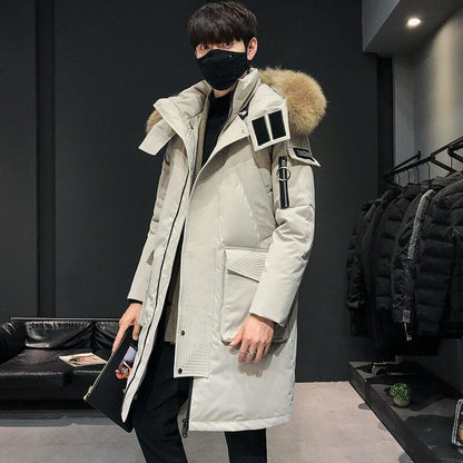 Men's Down Jacket Mid-length Hooded Fur Collar Plus Velvet Workwear Duck Down Coat | 896