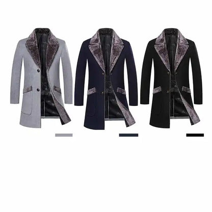 Men's Fur Collar Long Trench Coats Lapel Winter Wool Blend Jackets Single Breasted Overcoat | 224-8919