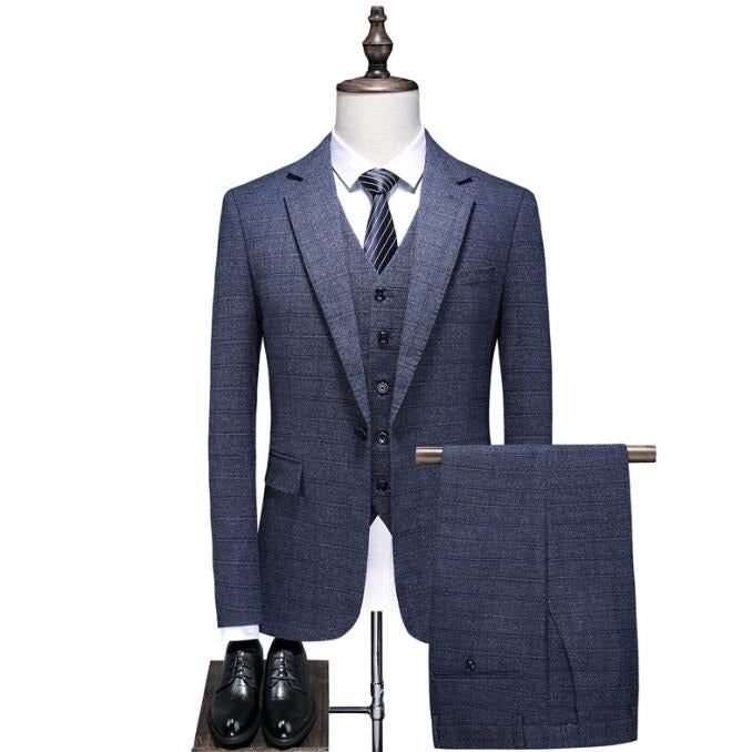 British Style Men’s 3 Piece Suit Business Casual Plaid Groom Wedding Dress Slim Suits | 6835