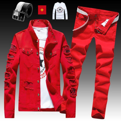 Men's Denim Jacket Jeans Pants Letters Printing Trousers 3 Pcs Set Casual Single Breasted |