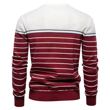 Men’s Striped Patchwork Knit Sweater – Crew Neck Casual Pullover for Autumn/Winter | SW117