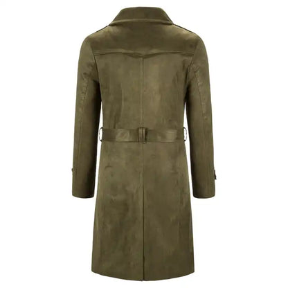 Men's Long Faux Suede Trench Coats Belted Lapel Jacket Work Double-Breasted Overcoats | 1115