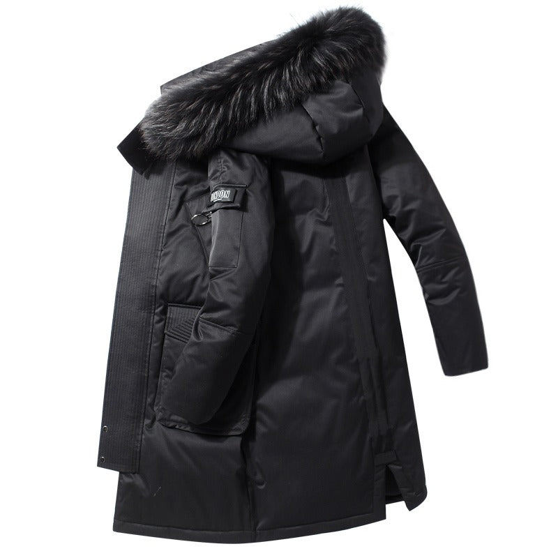 Men's Down Jacket Mid-length Hooded Fur Collar Plus Velvet Workwear Duck Down Coat | 896