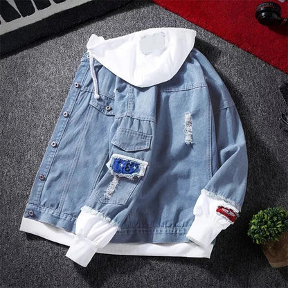 Giacca in denim con cappuccio a maniche lunghe, jeans strappati, uomo, giacca vintage | 6693 