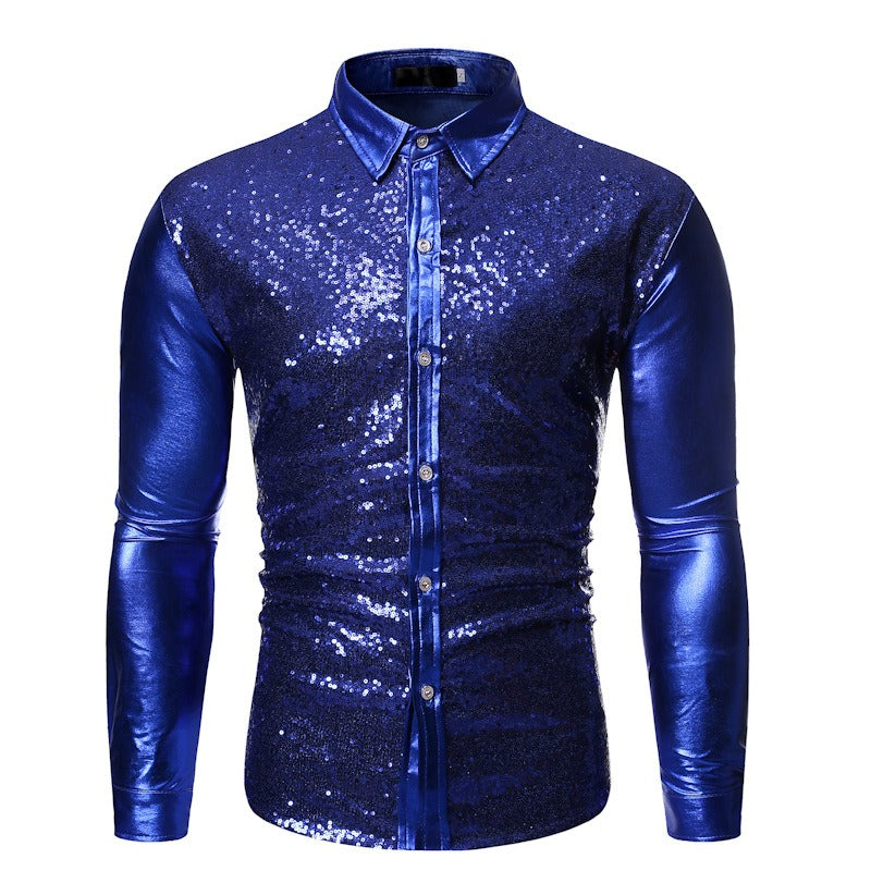 Men's Sequined Bronzing Patchwork Dance Shirt Slim Breathable Party Top | ZT-CS86