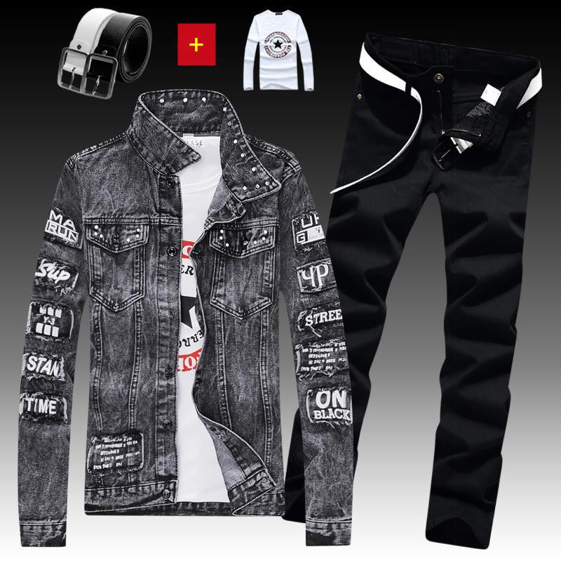 Men's Denim Jacket Jeans Pants Letters Printing Trousers 3 Pcs Set Casual Single Breasted |
