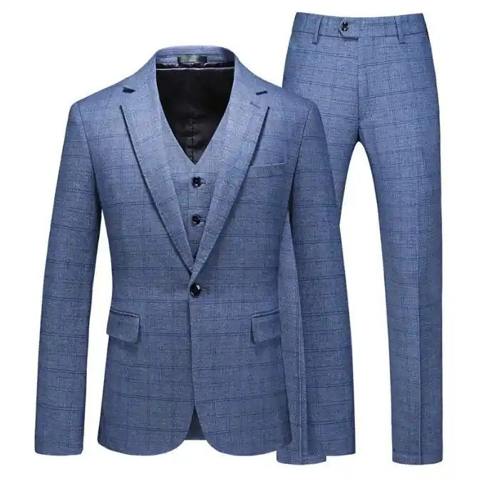 British Style Men’s 3 Piece Suit Business Casual Plaid Groom Wedding Dress Slim Suits | 6835