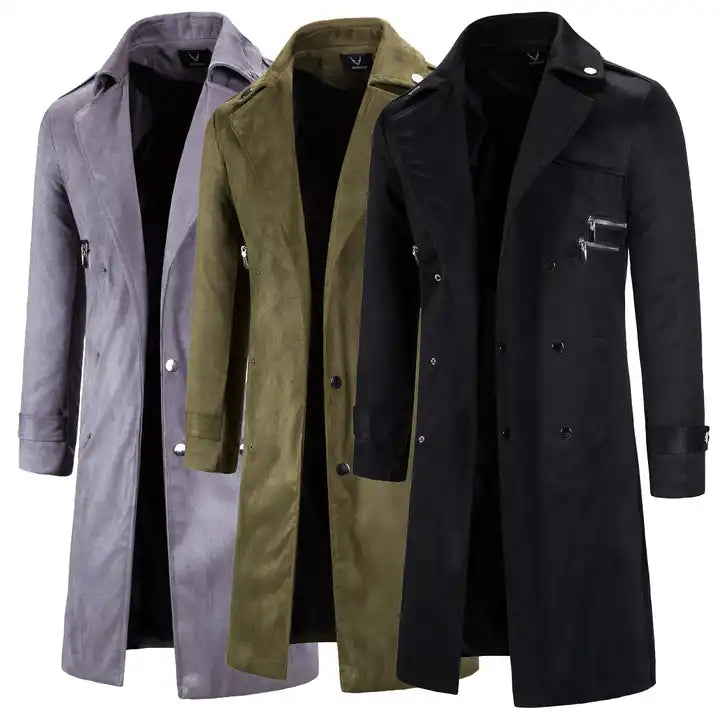 Men's Long Faux Suede Trench Coats Belted Lapel Jacket Work Double-Breasted Overcoats | 1115