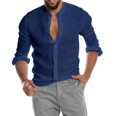 Men's Casual Shirts Solid Color Linen Long Sleeve Stand Collar Cardigan Shirt | 418