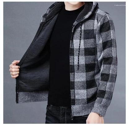 Men's Winter Casual Coat Hooded Knit Outwear Plaid Sweater Full Zipper Cardigan Jackets