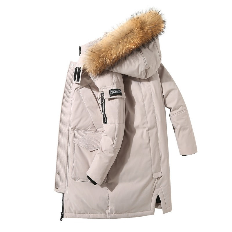 Men's Down Jacket Mid-length Hooded Fur Collar Plus Velvet Workwear Duck Down Coat | 896