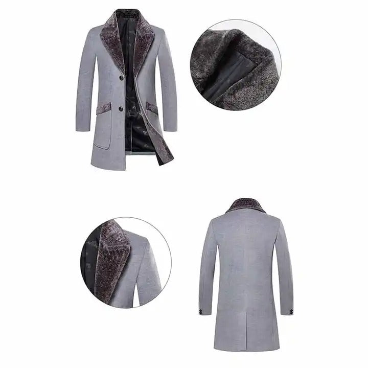 Men's Fur Collar Long Trench Coats Lapel Winter Wool Blend Jackets Single Breasted Overcoat | 224-8919