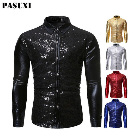 Men's Sequined Bronzing Patchwork Dance Shirt Slim Breathable Party Top | ZT-CS86