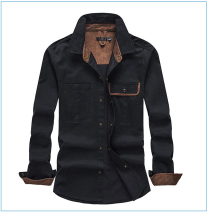 Men's Workwear Pure Cotton Corduroy Shirt with Contrast Color Lapel Plus Size Loose Fit Top | 3261