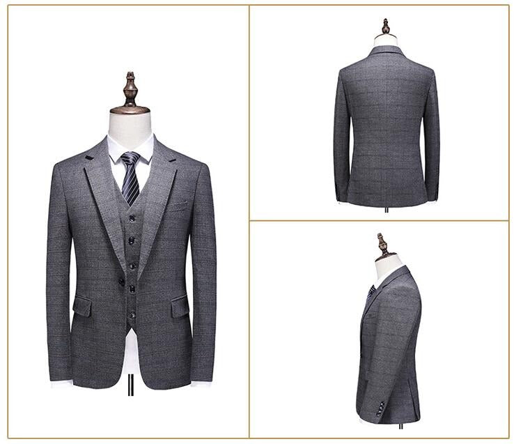 British Style Men’s 3 Piece Suit Business Casual Plaid Groom Wedding Dress Slim Suits | 6835