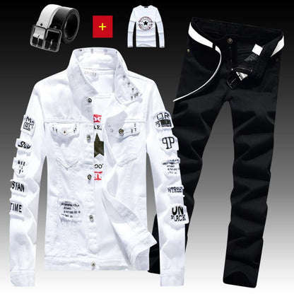 Men's Denim Jacket Jeans Pants Letters Printing Trousers 3 Pcs Set Casual Single Breasted |