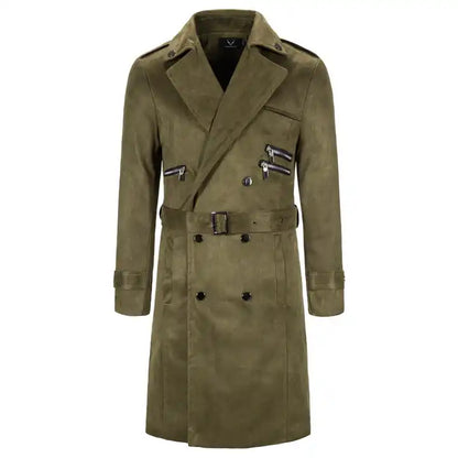 Men's Long Faux Suede Trench Coats Belted Lapel Jacket Work Double-Breasted Overcoats | 1115