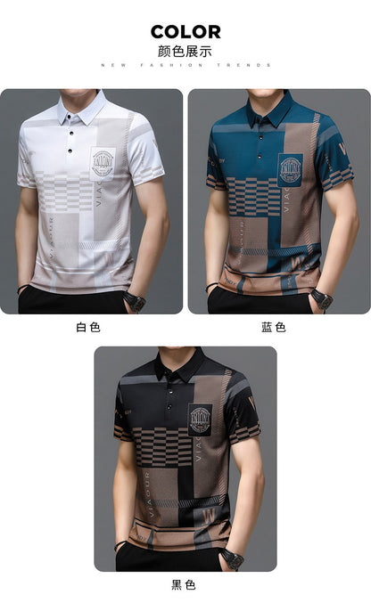 Men's Business Short Sleeve Polo Collar Cotton Shirt Solid Embroidered Top T Shirt | 104