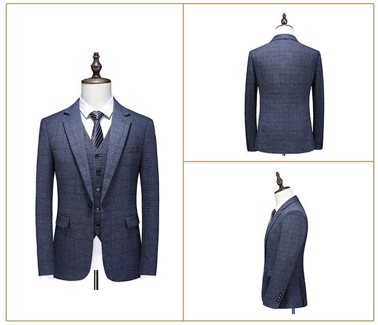 British Style Men’s 3 Piece Suit Business Casual Plaid Groom Wedding Dress Slim Suits | 6835