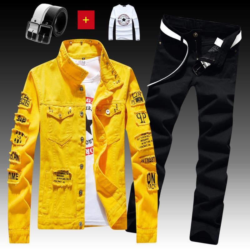 Men's Denim Jacket Jeans Pants Letters Printing Trousers 3 Pcs Set Casual Single Breasted |