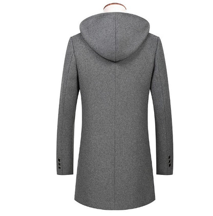 Men's Premium End Wool Blend Trench Coat Zip Closure Hooded Mid Long Overcoat | B518