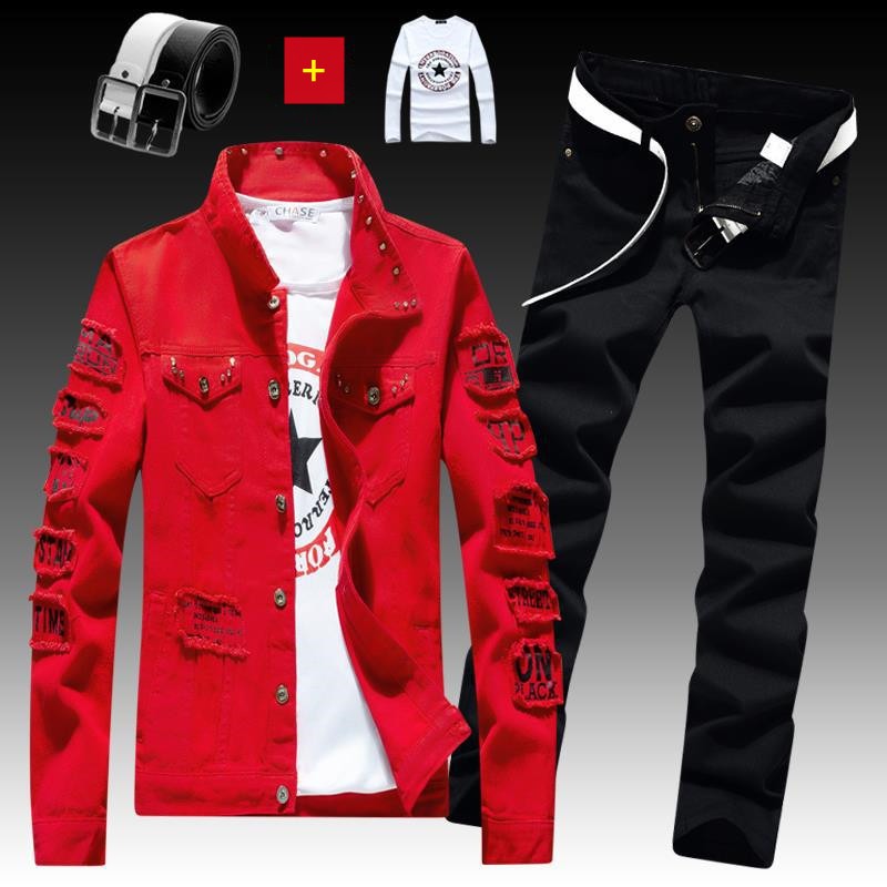 Men's Denim Jacket Jeans Pants Letters Printing Trousers 3 Pcs Set Casual Single Breasted |