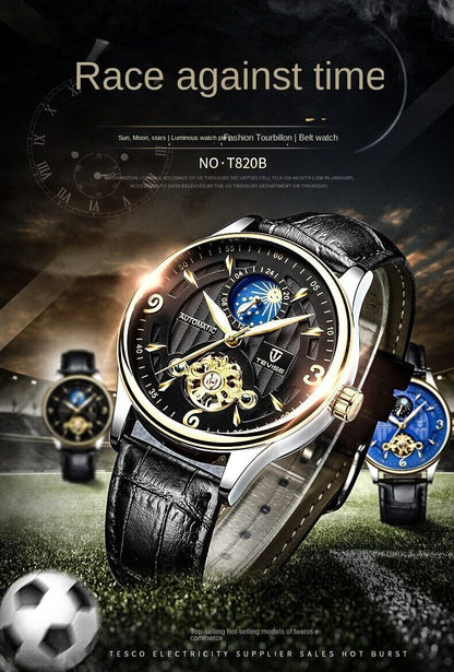 Men's Automatic Leather Mechanical Watch Tourbillon Waterproof Casual Watch | T820b