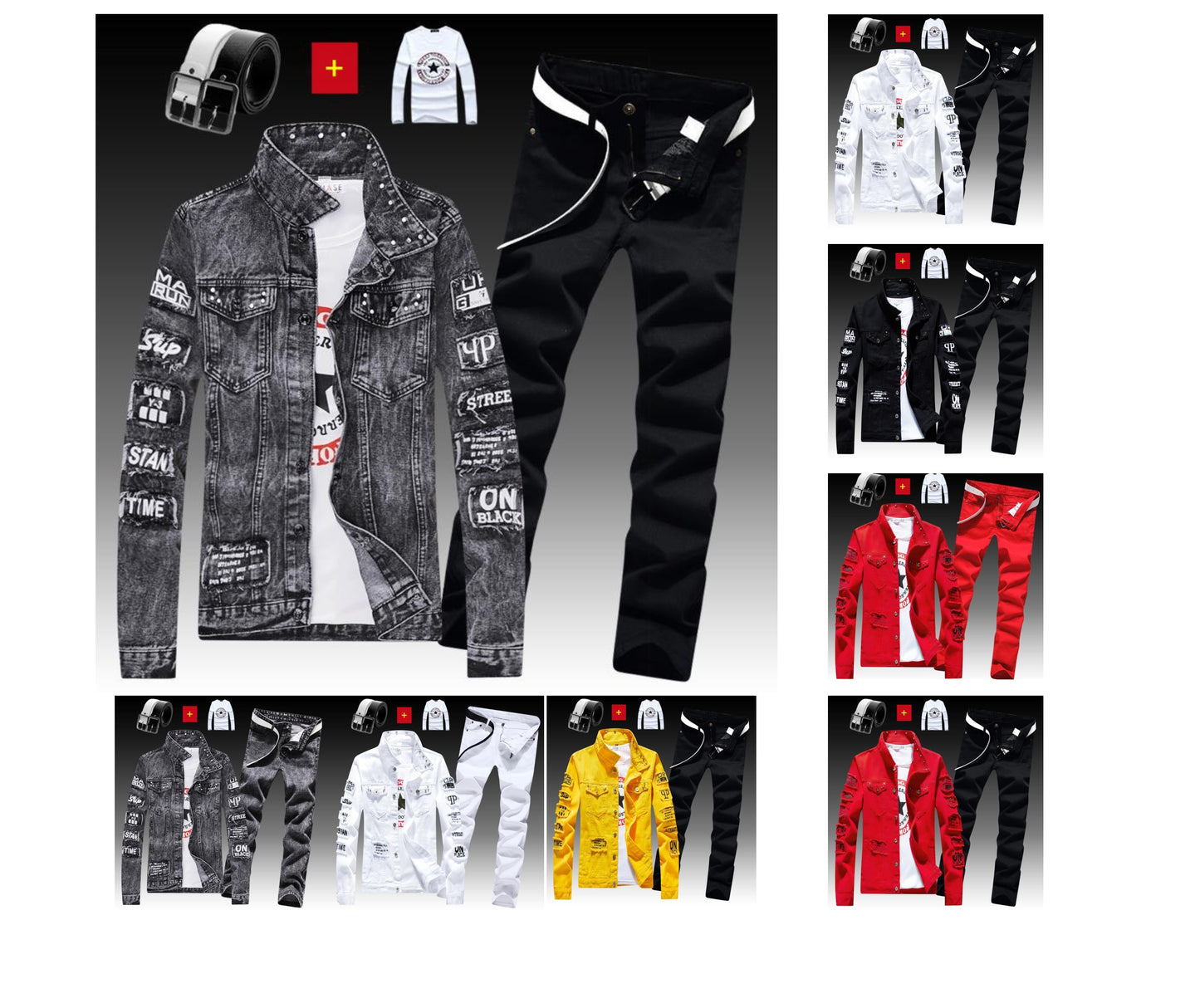 Men's Denim Jacket Jeans Pants Letters Printing Trousers 3 Pcs Set Casual Single Breasted |