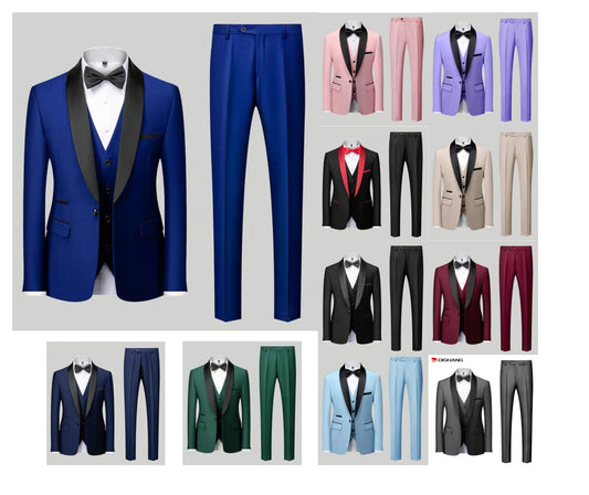 Men's 3 Pieces Suits Smart Fit Formal Business Wedding Tuxedo Blazer Vest & Trouser Set | Available in 11 Colours