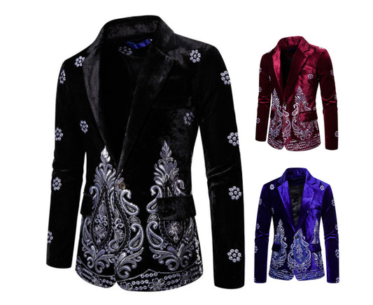 Men's Luxury Blazer Jacket Suit Velvet Gold Thread Embroidered Wedding Dress Suit Nightclub Party Costume Coats | X1009