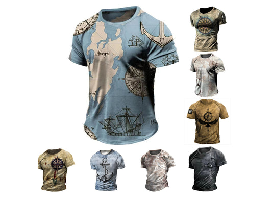 Men's T-Shirt Summer Tops Compass Printed Short-Sleeve Tees Casual Shirt
