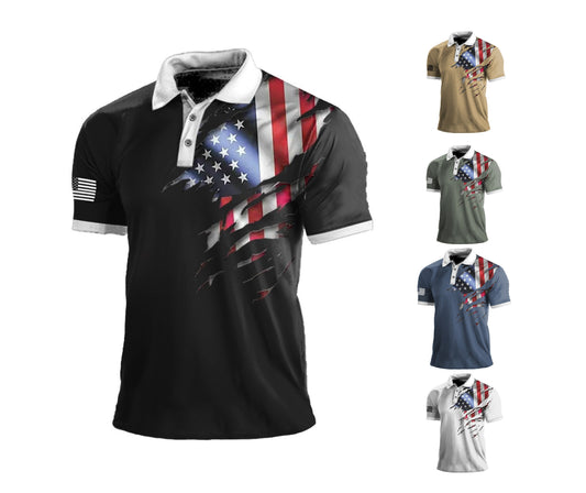 Men's American Flag Print Polo Shirt Sports Outdoor Lapel Short Sleeve Tee | 112