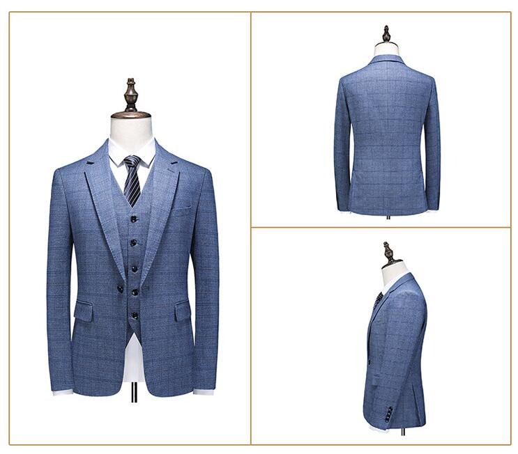 British Style Men’s 3 Piece Suit Business Casual Plaid Groom Wedding Dress Slim Suits | 6835