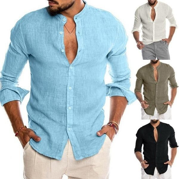 Men's Casual Shirts Solid Color Linen Long Sleeve Stand Collar Cardigan Shirt | 418