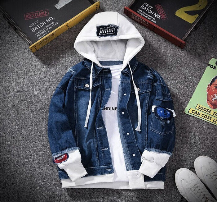 Giacca in denim con cappuccio a maniche lunghe, jeans strappati, uomo, giacca vintage | 6693 