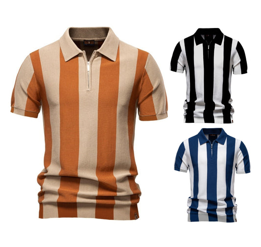 Men's Business Casual Knit Polo Shirt - 2025 Summer Slim-Fit Striped Top | PSD8059